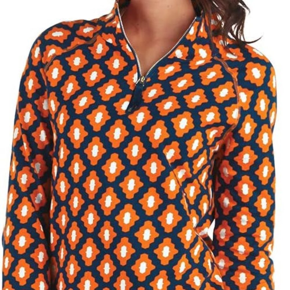 Mud Pie Poppy Pullover Women’s Small 4-6 Navy Orange 1/4 Zip Light Weight Cotton